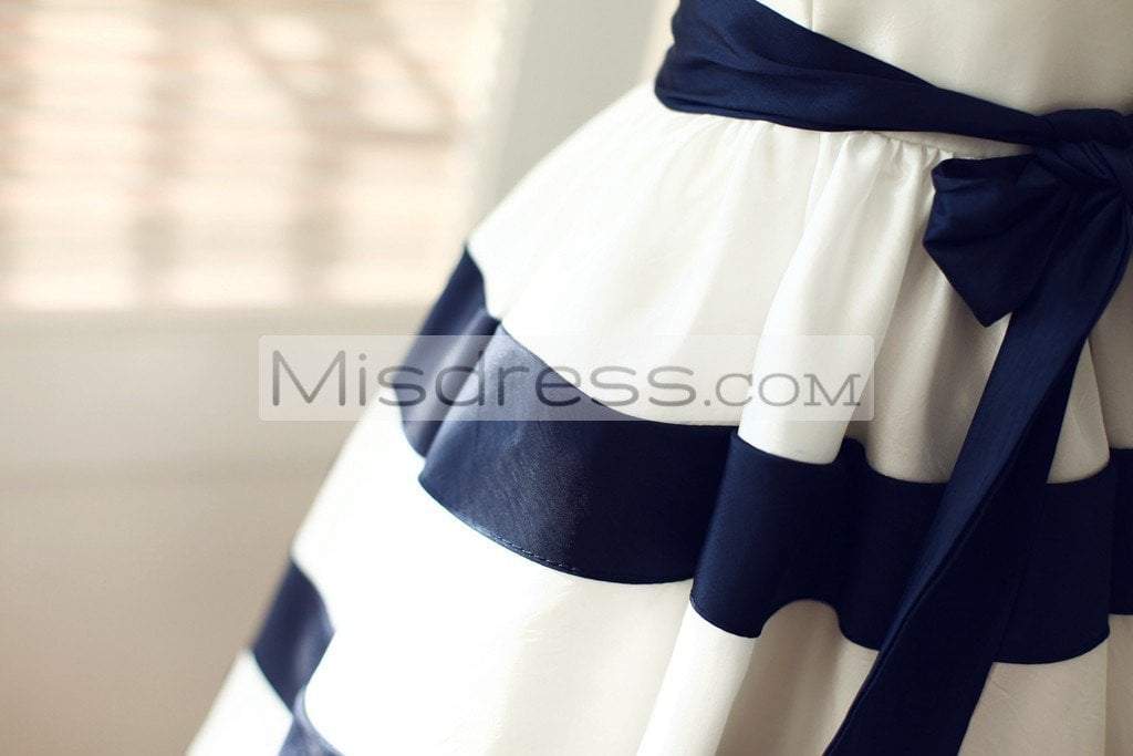 Ivory/Navy Blue Taffeta Stripe Wedding Flower Girl Dress - Flower Girl Dresses
