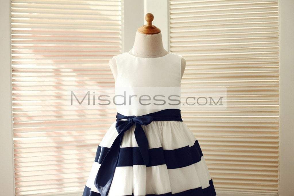 Ivory/Navy Blue Taffeta Stripe Wedding Flower Girl Dress - Flower Girl Dresses