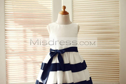 Ivory/Navy Blue Taffeta Stripe Wedding Flower Girl Dress - Flower Girl Dresses