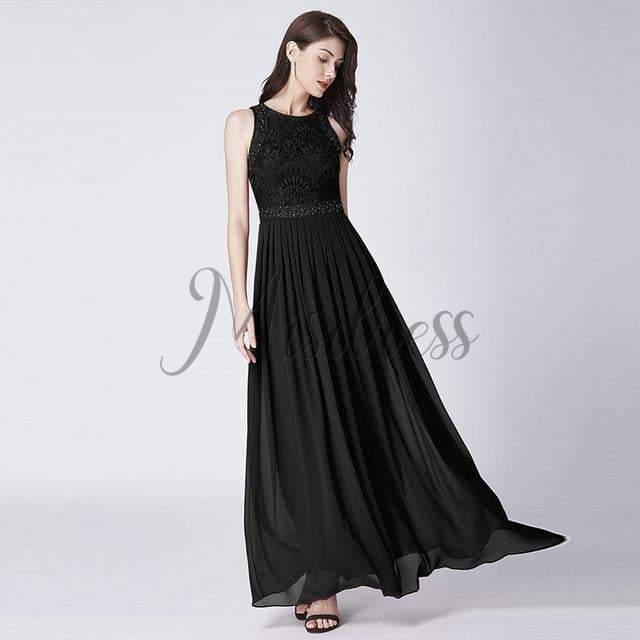 Lace Chiffon Floor Length Bridesmaid Dress Wedding Party Dress - 2 / Black - Prom Dresses