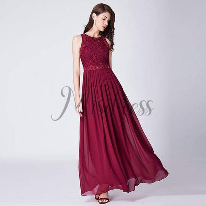 Lace Chiffon Floor Length Bridesmaid Dress Wedding Party Dress - 2 / Burgundy - Prom Dresses