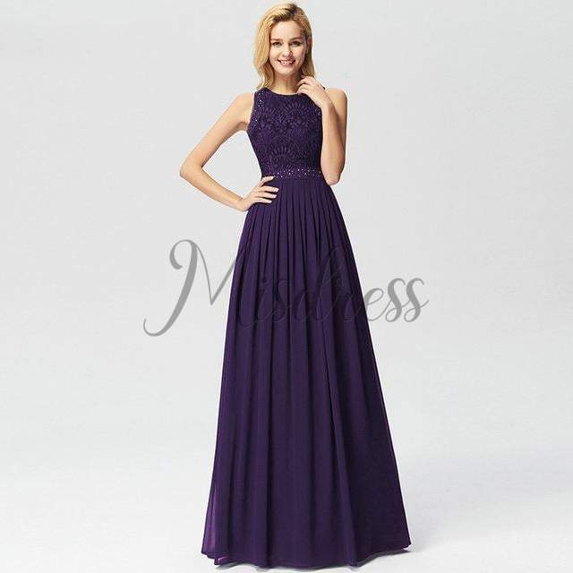 Lace Chiffon Floor Length Bridesmaid Dress Wedding Party Dress - 2 / Dark Purple - Prom Dresses