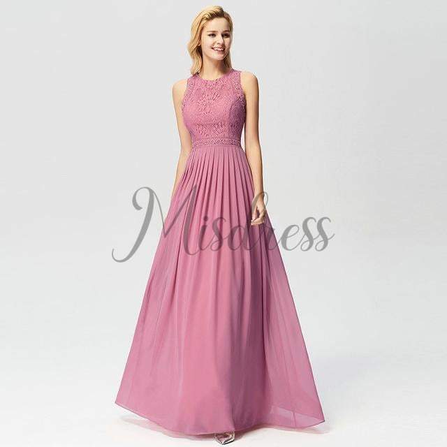Lace Chiffon Floor Length Bridesmaid Dress Wedding Party Dress - 2 / Dusty Pink - Prom Dresses