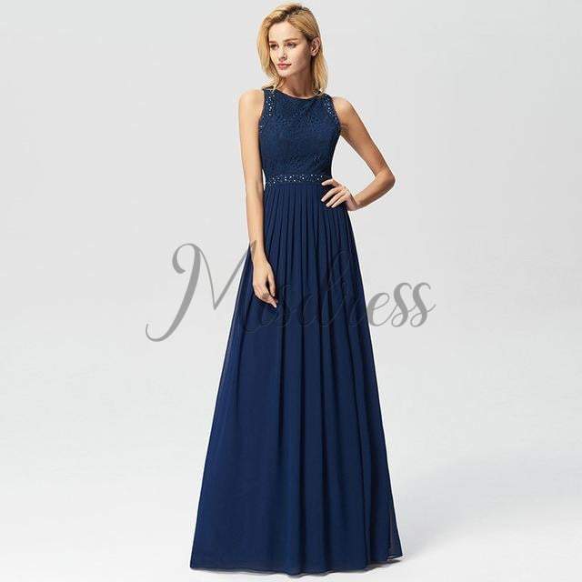 Lace Chiffon Floor Length Bridesmaid Dress Wedding Party Dress - 2 / Navy Blue - Prom Dresses