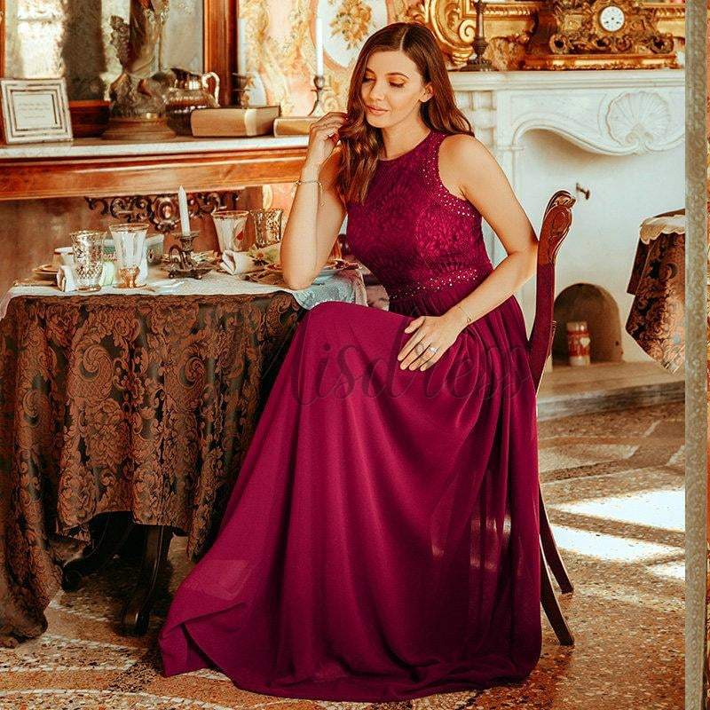 Lace Chiffon Floor Length Bridesmaid Dress Wedding Party Dress - Prom Dresses