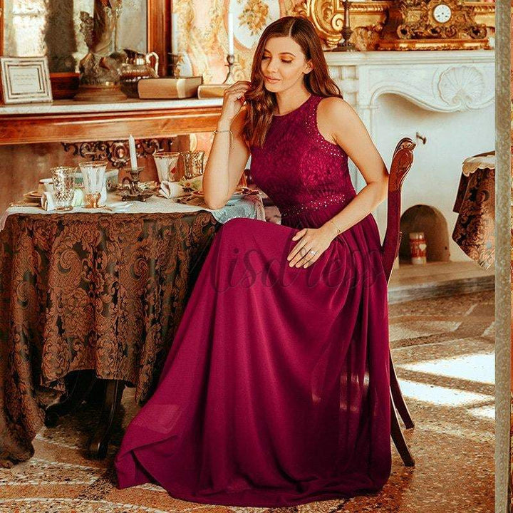 A-line Lace Chiffon Floor Length Bridesmaid Dress Wedding Party Dress 6 / Burgundy A-line Lace Chiffon Floor Length Bridesmaid Dress Wedding Party Dress 6 / Burgundy