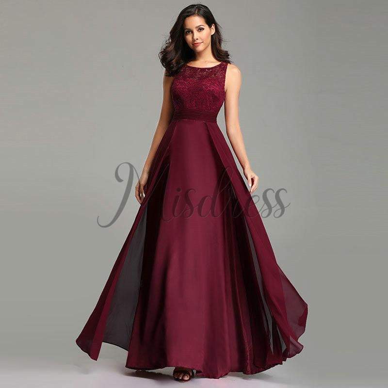 Modest Lace Chiffon Evening Prom Dress - 2 / Burgundy - Prom Dresses