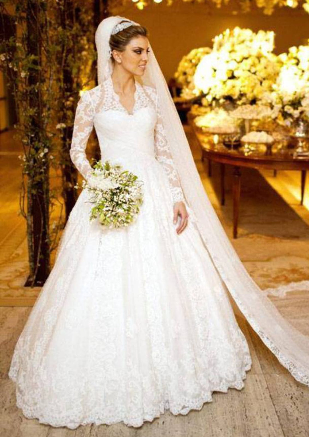 A-line Long Sleeve Button V Neck Chapel Lace Wedding Dress | Misdress A-line Long Sleeve Button V Neck Chapel Lace Wedding Dress | Misdress