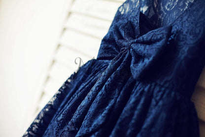 Navy Blue Lace Flower Girl Dress with V back and big bow - Flower Girl Dresses