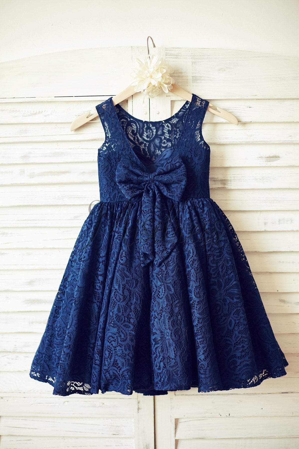 Navy Blue Lace Flower Girl Dress with V back and big bow - Flower Girl Dresses