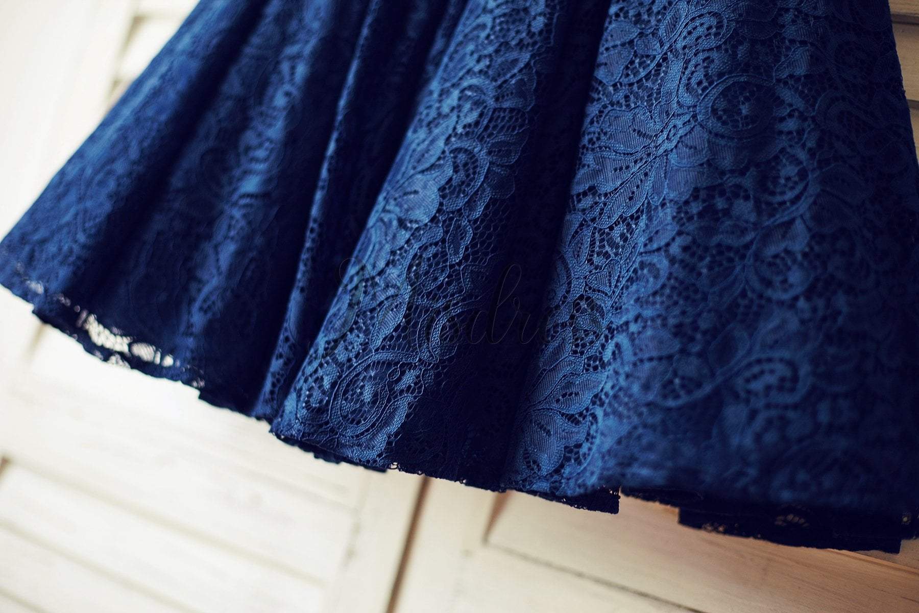 Navy Blue Lace Flower Girl Dress with V back and big bow - Flower Girl Dresses