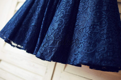 Navy Blue Lace Flower Girl Dress with V back and big bow - Flower Girl Dresses