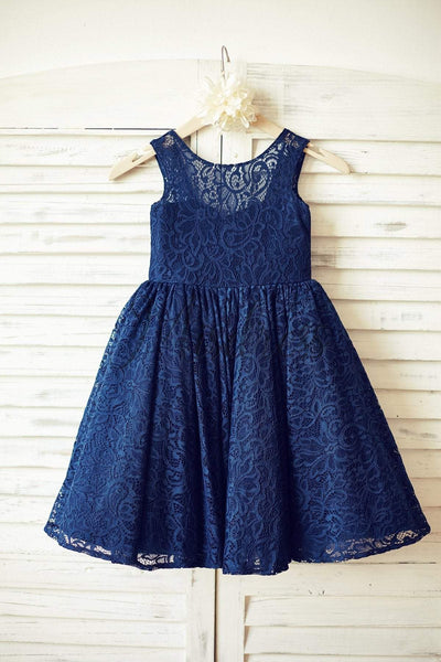 Navy Blue Lace Flower Girl Dress with V back and big bow - Flower Girl Dresses