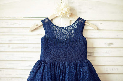 Navy Blue Lace Flower Girl Dress with V back and big bow - Flower Girl Dresses