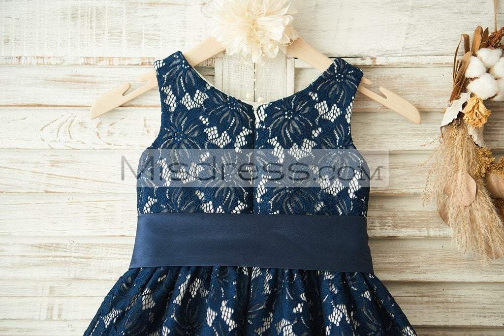 Navy Blue Lace Wedding Flower Girl Dress with Belt - Flower Girl Dresses