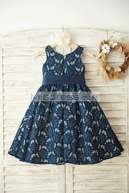 Navy Blue Lace Wedding Flower Girl Dress with Belt - Flower Girl Dresses