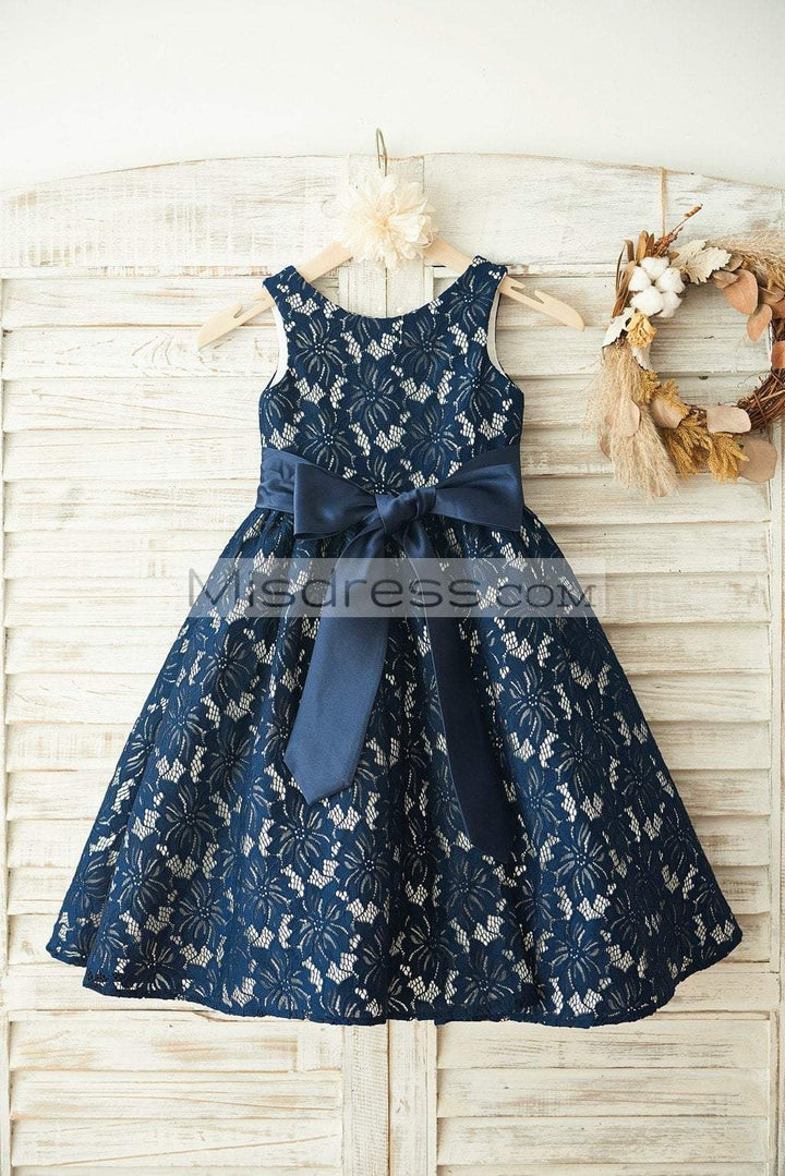 A-line Navy Blue Lace Sleeveless Wedding Flower Girl Dress, Belt 10T --- Chest = 29 inches/Waist = 28 inches/ Hollow to knee = 30.5 inches
