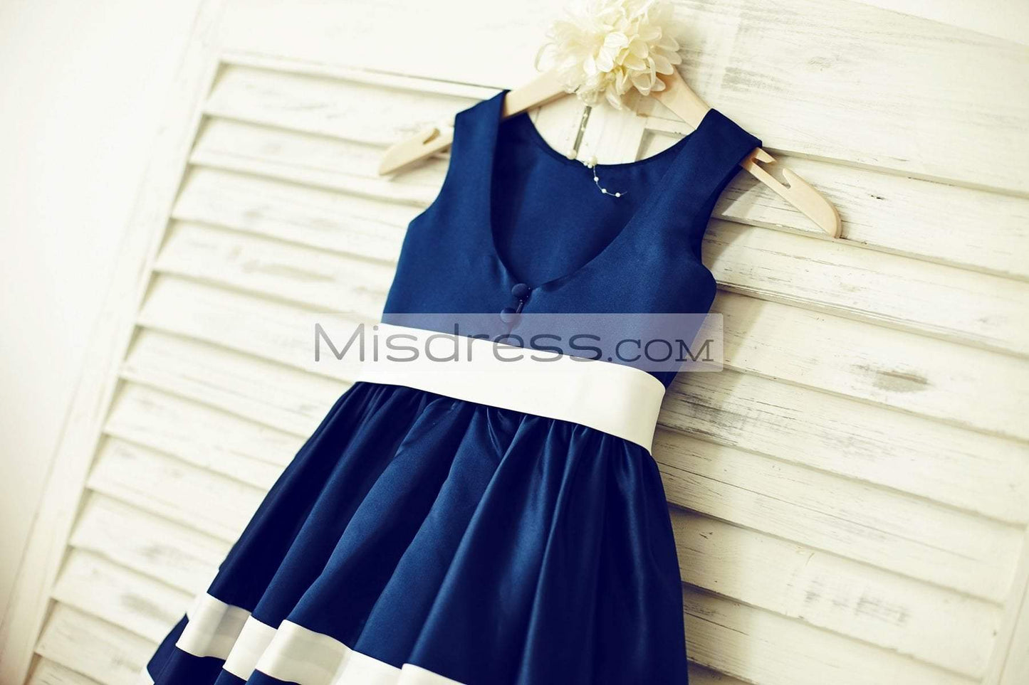 Navy Blue Satin Ivory Stripes Flower Girl Dress - Flower Girl Dresses