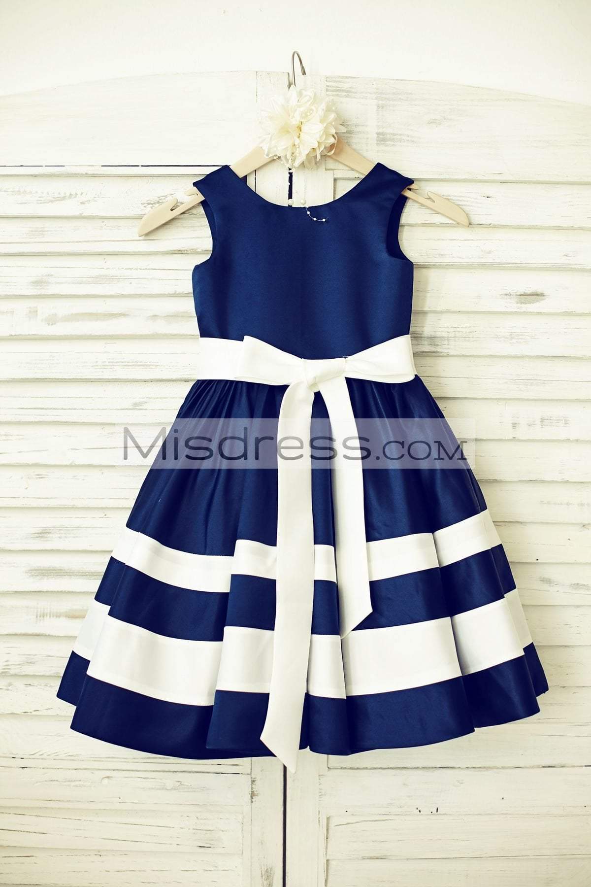 Navy Blue Satin Ivory Stripes Flower Girl Dress - Flower Girl Dresses