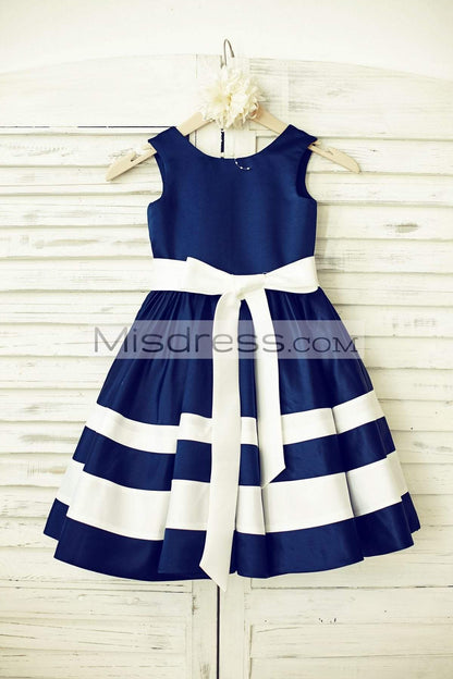 Navy Blue Satin Ivory Stripes Flower Girl Dress - Flower Girl Dresses