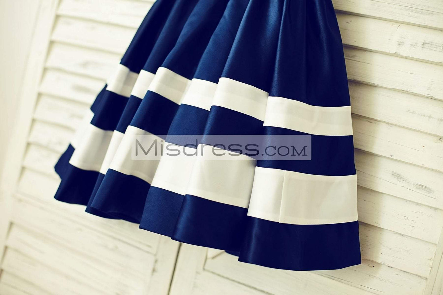 Navy Blue Satin Ivory Stripes Flower Girl Dress - Flower Girl Dresses