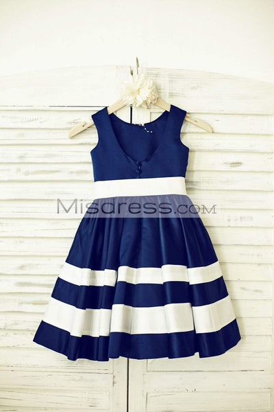 Navy Blue Satin Ivory Stripes Flower Girl Dress - Flower Girl Dresses