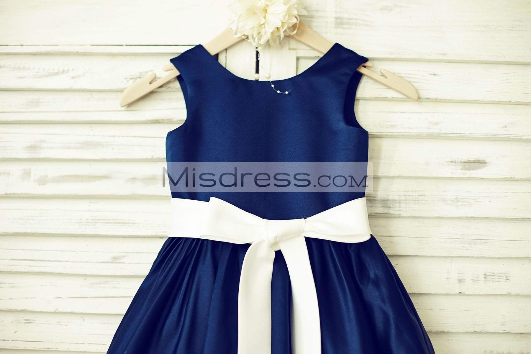 Navy Blue Satin Ivory Stripes Flower Girl Dress - Flower Girl Dresses