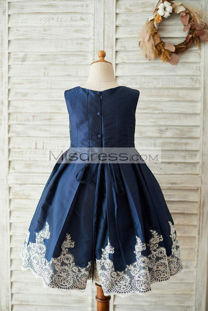 Navy Blue Taffeta Silver Lace Wedding Flower Girl Dress - Flower Girl Dresses