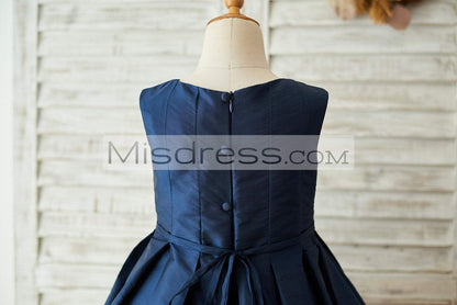 Navy Blue Taffeta Silver Lace Wedding Flower Girl Dress - Flower Girl Dresses