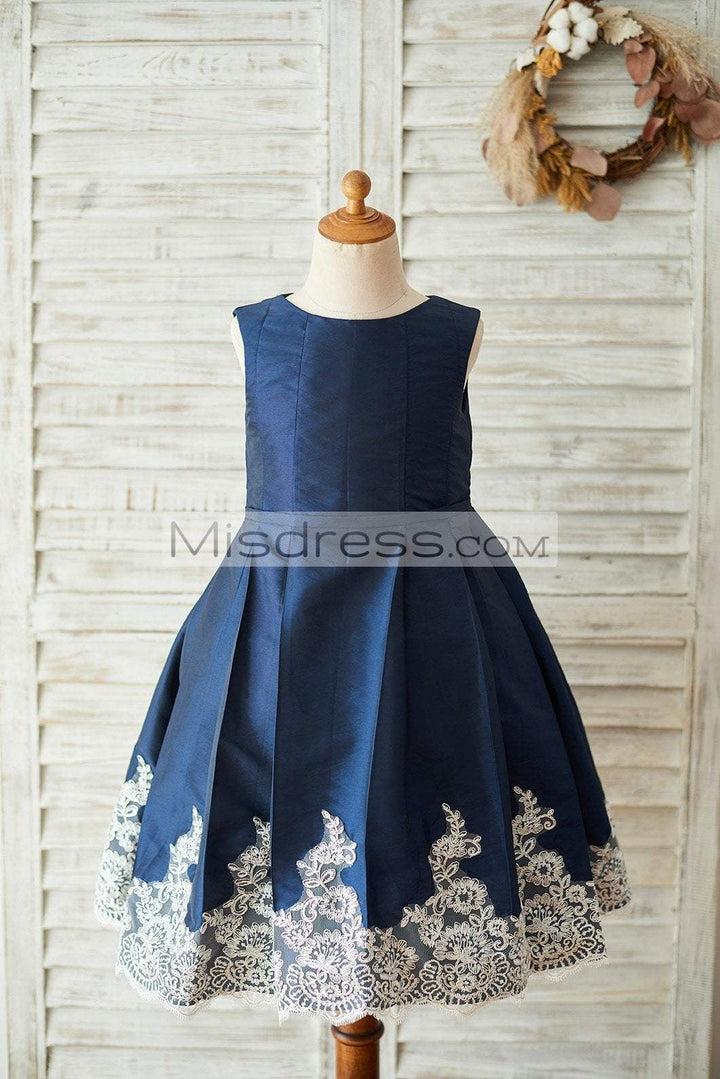 A-line Navy Blue Taffeta Silver Lace Sleeveless Wedding Flower Girl Dress 4T --- Chest = 23 inches/ Waist = 22 inches/ Hollow to knee = 25 inches