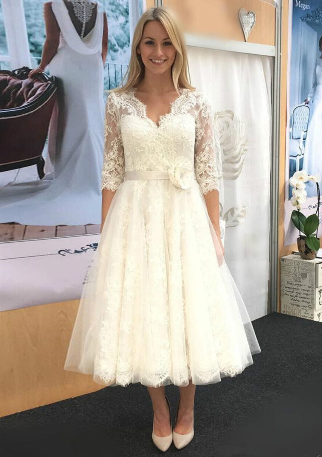 A-line V Neck 3/4 Sleeve Tulle Lace Tea-Length Wedding Dress, Flower | Misdress A-line V Neck 3/4 Sleeve Tulle Lace Tea-Length Wedding Dress, Flower | Misdress