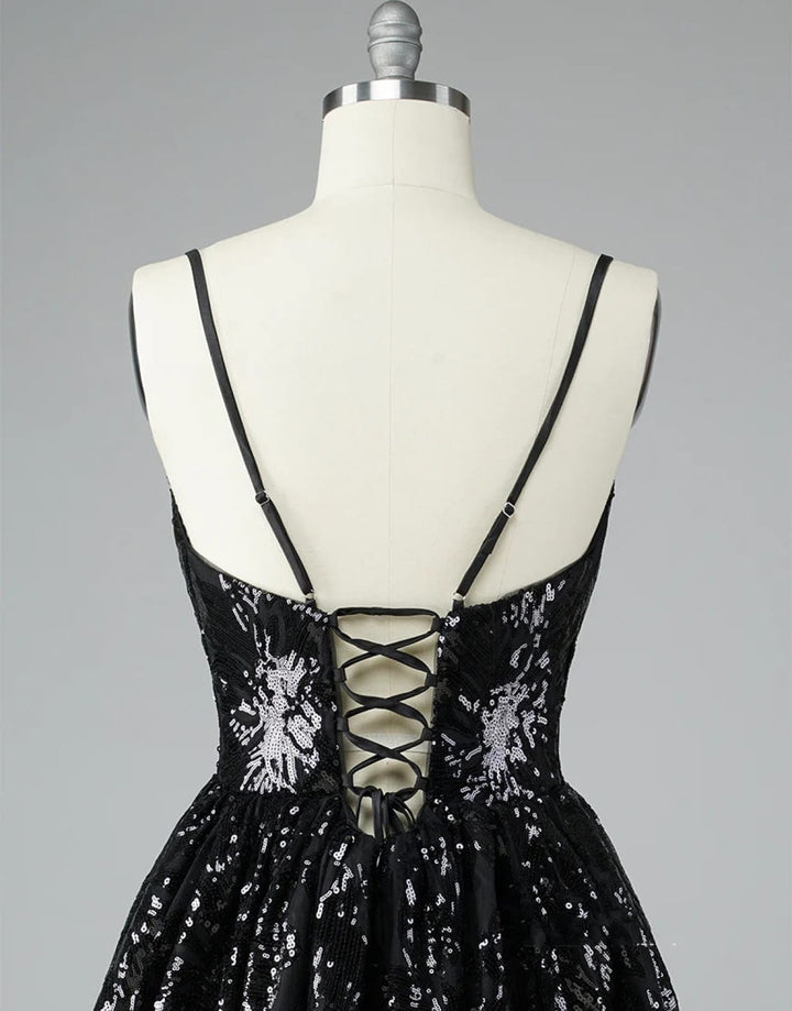 cheap light pink homecoming dresses A-Line V Neck Black Lace Glitter Straps Corset Back Homecoming Dress