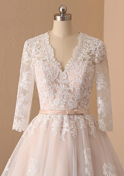 A-line V Neck Champagne Lace Tulle Tea-Length Wedding Dress 