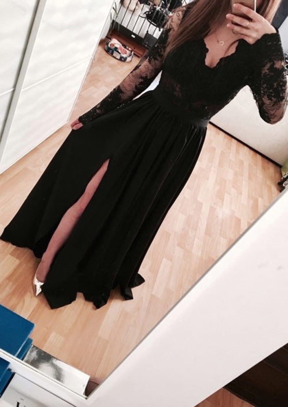 A-line V Neck Illusion Long Sleeve Floor-Length Black Chiffon Prom Dre