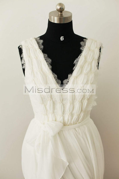 V Neck Ivory Lace Chiffon Wedding Dress Bridal Gown - Bridal Dresses
