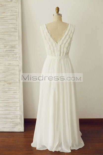 V Neck Ivory Lace Chiffon Wedding Dress Bridal Gown - Bridal Dresses