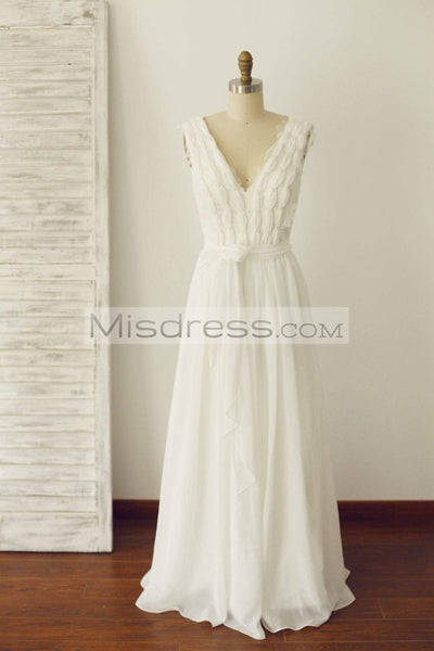 V Neck Ivory Lace Chiffon Wedding Dress Bridal Gown - Bridal Dresses