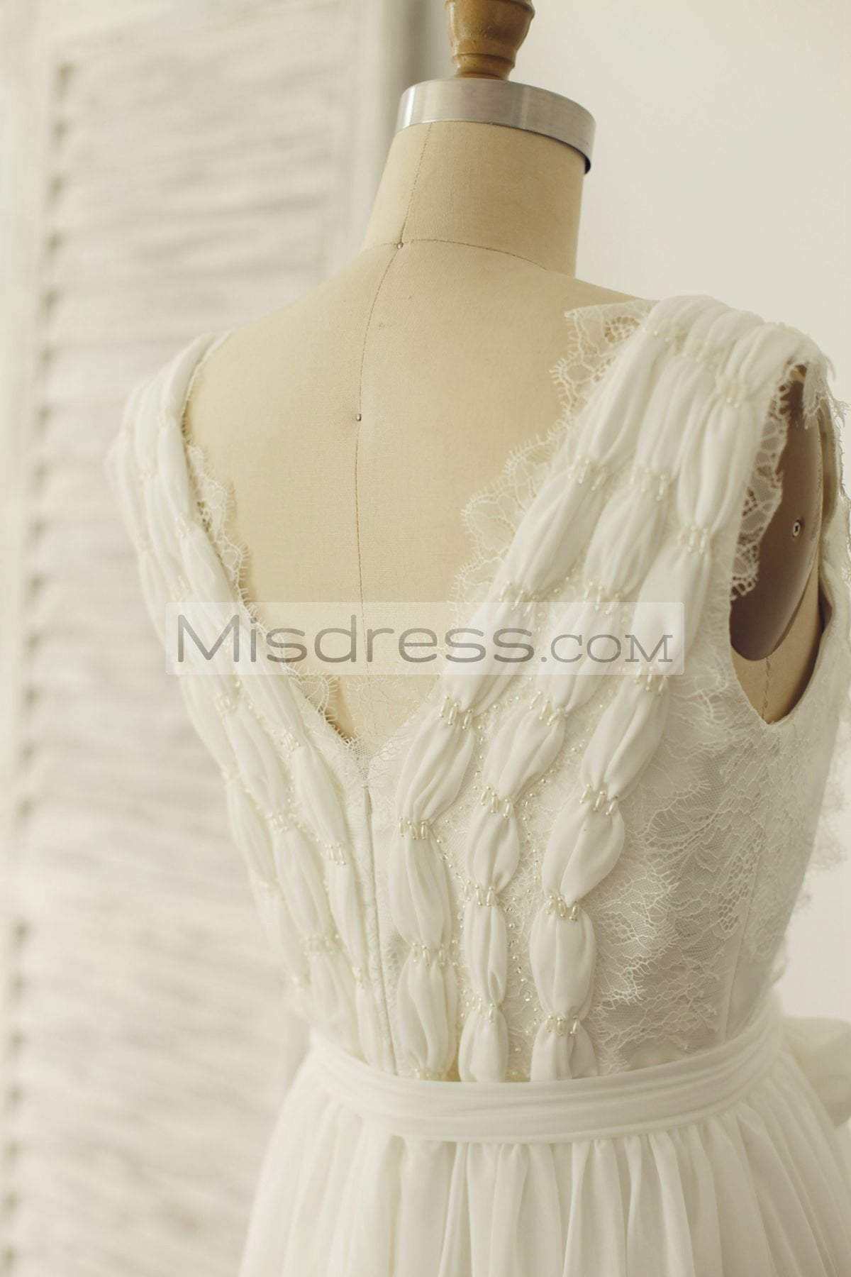 V Neck Ivory Lace Chiffon Wedding Dress Bridal Gown - Bridal Dresses