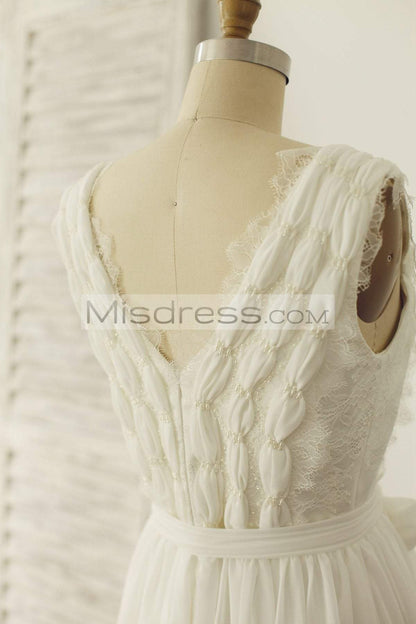V Neck Ivory Lace Chiffon Wedding Dress Bridal Gown - Bridal Dresses