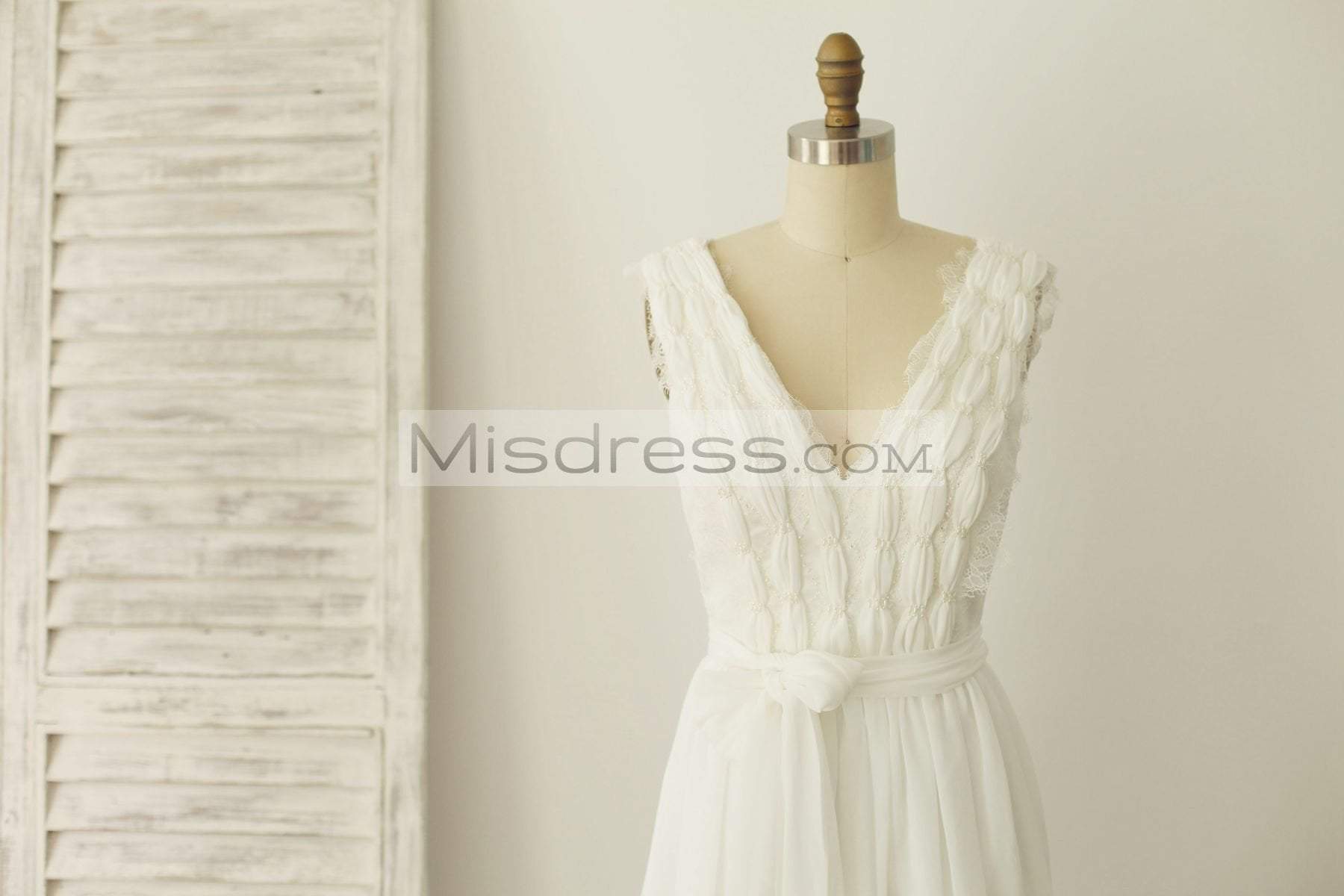 V Neck Ivory Lace Chiffon Wedding Dress Bridal Gown - Bridal Dresses