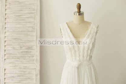 V Neck Ivory Lace Chiffon Wedding Dress Bridal Gown - Bridal Dresses