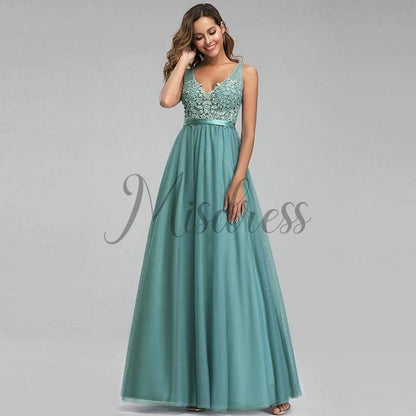Sexy V Neck Lace Tulle Evening Prom Party Dress - 2 / Dusty Blue - Prom Dresses