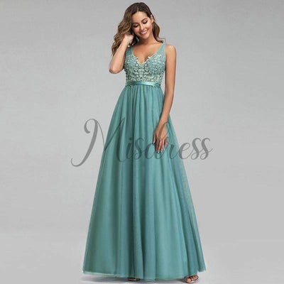 Sexy V Neck Lace Tulle Evening Prom Party Dress - 2 / Dusty Blue - Prom Dresses