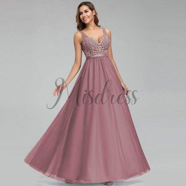 Sexy V Neck Lace Tulle Evening Prom Party Dress - 2 / Dusty Pink - Prom Dresses