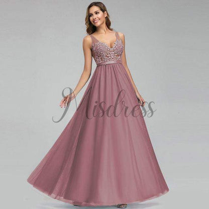 Sexy V Neck Lace Tulle Evening Prom Party Dress - 2 / Dusty Pink - Prom Dresses