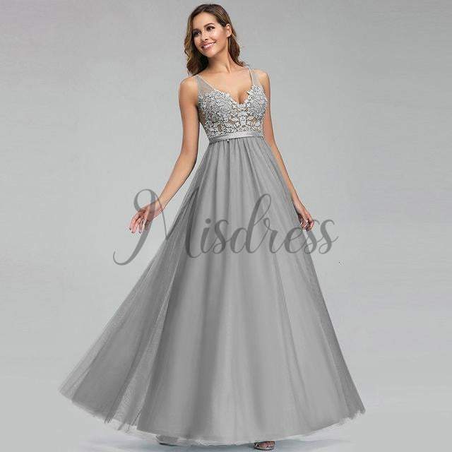 Sexy V Neck Lace Tulle Evening Prom Party Dress - 2 / Grey - Prom Dresses
