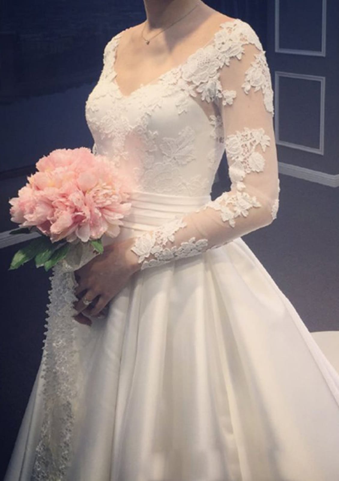 A-line V Neck Long Sleeve Chapel Satin Wedding Dress Lace - 