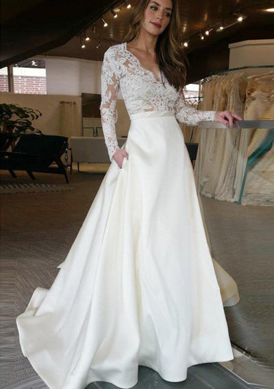 A-line V Neck Long Sleeve Sweep Lace Satin Wedding Dress - 