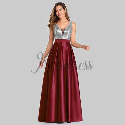 V Neck Sequin Satin Wedding Bridesmaid Evening Prom Dress - 2 / Burgundy - Prom Dresses