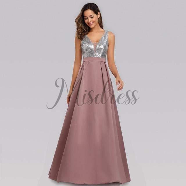 V Neck Sequin Satin Wedding Bridesmaid Evening Prom Dress - 2 / Dusty Pink - Prom Dresses